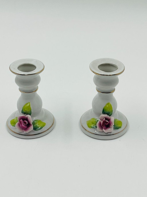 Set van 2 Vintage Porseleinen Kandelaars met Rozen