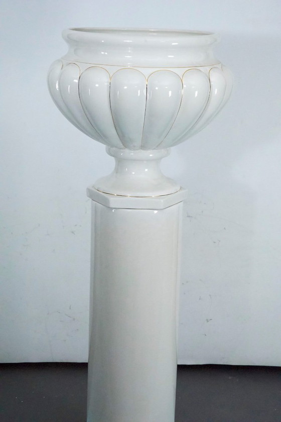 Image 1 of Tommaso Barbi Oversized White Ceramic Vase with Gold Details and Column, Italy 1970s
