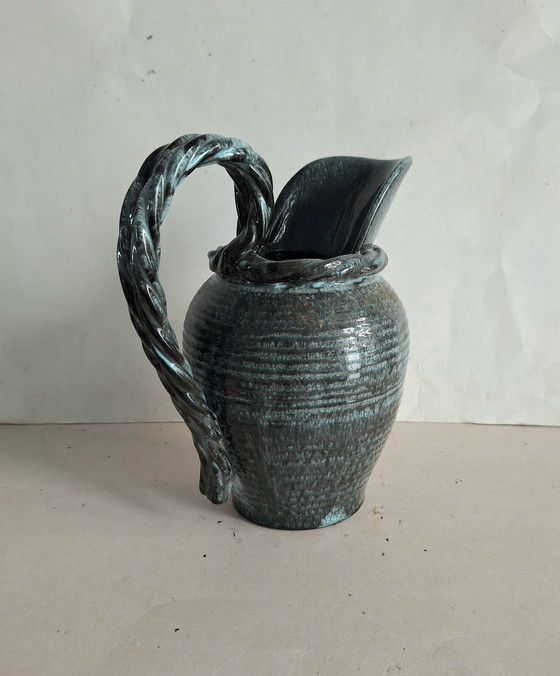 Image 1 of Alexandre de Wemmel ceramics, Heffen, Belgium. Green handmade jug with a twisted handle, 1950s.