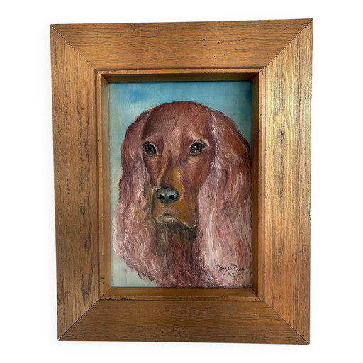 Portrait de chien original vintage, peinture à l'huile signée, art animalier