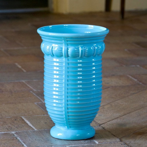 Grand vase ancien Poët Laval Art Deco en céramique émaillée turquoise