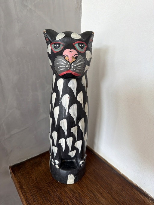Vintage houten kat zwart wit 31cm hoog
