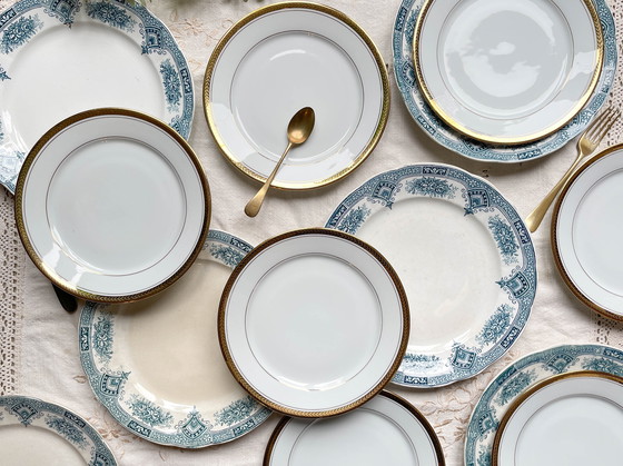 Image 1 of 7 piatti in pietra di ferro blu Onnaing + 7 piccoli piatti in porcellana di Limoges spaiati