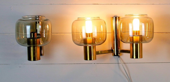 Image 1 of Coppia di applique scandinave in ottone con vetro fumé, dlg Hans-Agne Jakobssen
