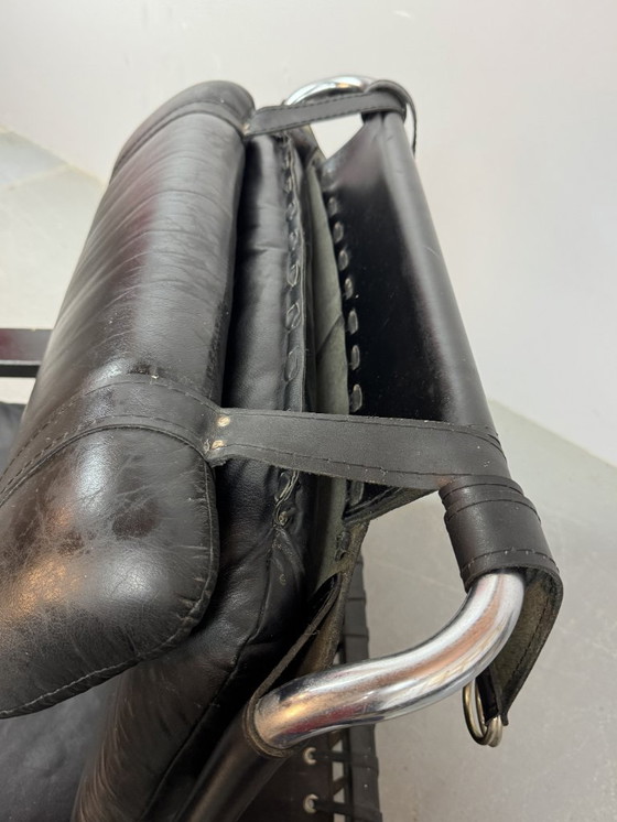 Image 1 of Beautiful black leather Brutalist armchair, designed by Sonja Wasseur. Amsterdam, Netherlands, 1970s.