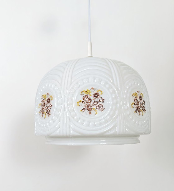 Image 1 of Vintage country-style kitchen pendant light from the 1970s, Yugoslavia, floral opal glass, hanging lamp, retro chandelier 