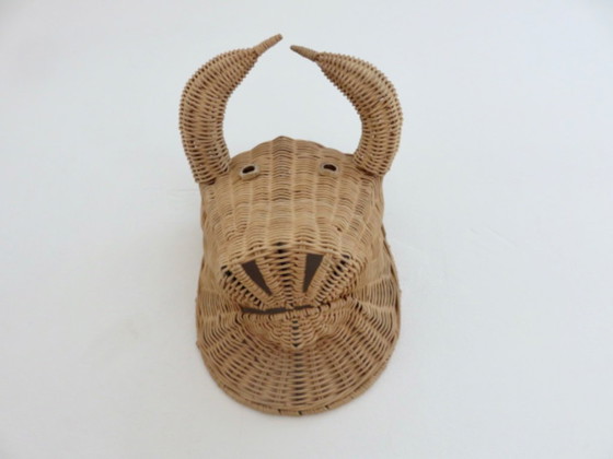 Image 1 of Testa di toro, minotauro, in rattan, decorazione murale vintage, Francia sud-orientale, 1970
