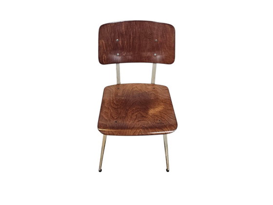 Image 1 of Galvanitas – S16 – Industrieller Schulstuhl, Zementgrau (RAL7033) / braune Rückenlehne und Sitzfläche – 60er Jahre