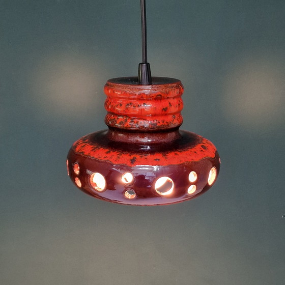 Image 1 of Vintage Herda rood / bruine hanglamp gemaakt van keramiek. Fat lava hanglamp. Diameter 20 cm. Retro lamp. UFO lamp.