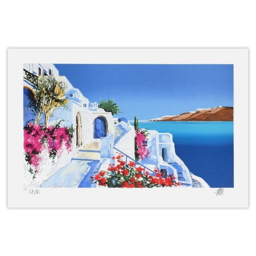 André BONGIBAULT Grèce - bougainvilliers en fleurs Gesigneerde litho