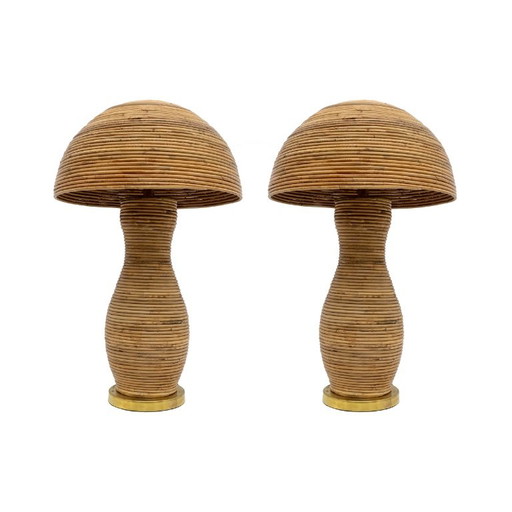 Paar Vintage Rattan- und Messing-Tischlampen, 1970er Jahre