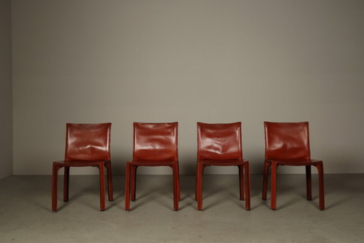 Set of Four CAB 412 Chairs by Mario Bellini, Red Saddle Leather, Italy