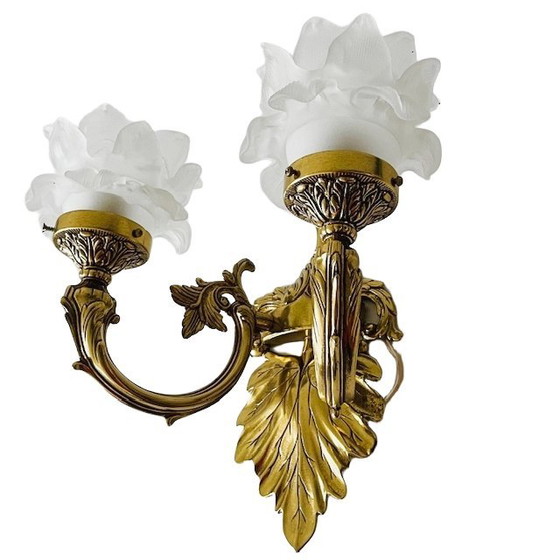 Image 1 of Lampada da parete vintage in ottone barocco rococò di metà secolo, rosa, anni '50