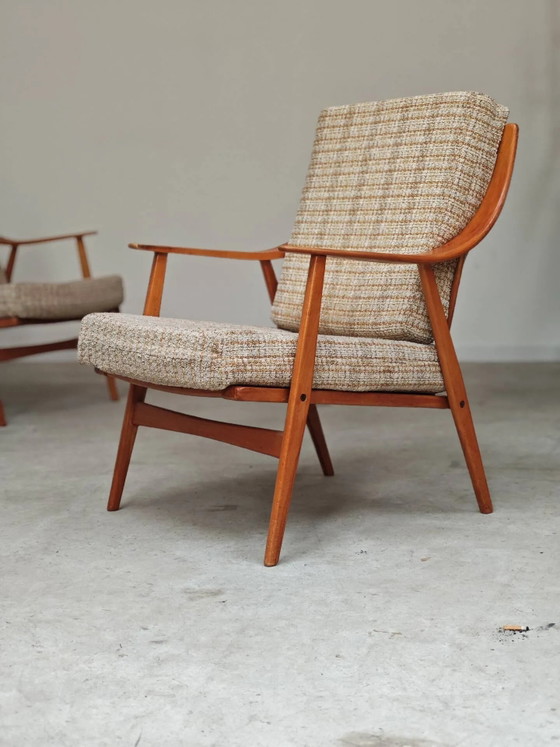 Paar Boomerang-Stil Sessel aus ecru-beigem Stoff, 1960er Jahre. – Wood, Scandinavian (photo 5 of 20)