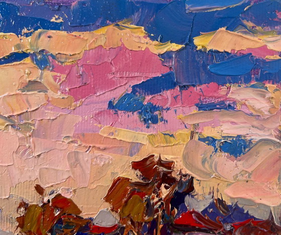 Image 1 of Original Oil Painting Sunset Field Landscape Evening pink clouds