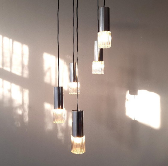 Image 1 of Vintage cascade pendant lamp with 5 transparent glass bubble glass cups, mcm glass chrome chandelier