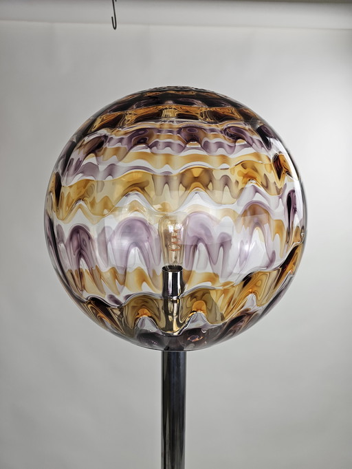 Italian floor lamp chrome base and glass ball with purple and orange colors