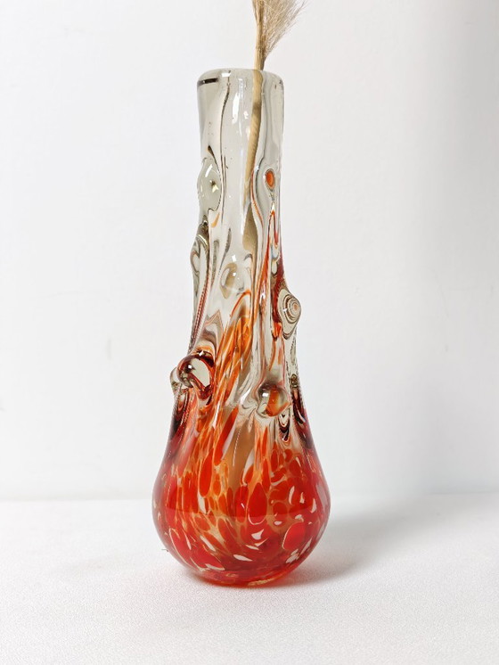 Image 1 of Vintage Hand Blown Art Glass Vase / 1970s Sommerso Style Orange Red Swirl / Retro Murano Look Decorative Vase / 