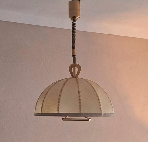 Large Leather, Vellum and Brass Cocoon Chandelier, Italy 1950s