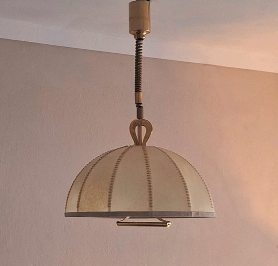 Image 1 of Large Leather, Vellum and Brass Cocoon Chandelier, Italy 1950s