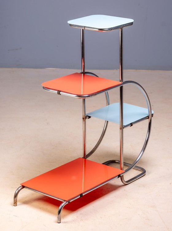 Image 1 of Bauhaus Steel Plant Stand by Emile Guyot for Thonet, Colored Glass Shelves, Circa 1930s, Czechoslovakia, 90 × 30 × 105 cm