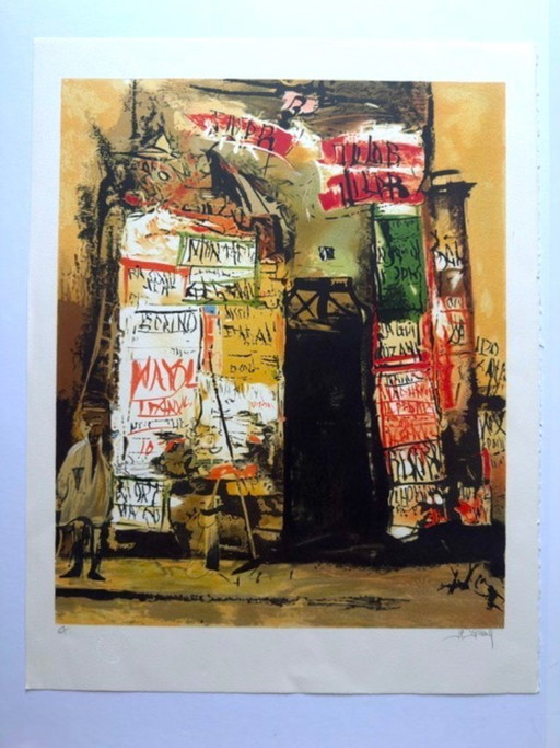 Litografia originale "Composizione con manifesti e graffiti" - Scuola francese del XX secolo