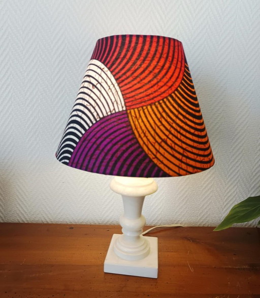 Lampe vintage en albâtre abat-jour tissu Wax 