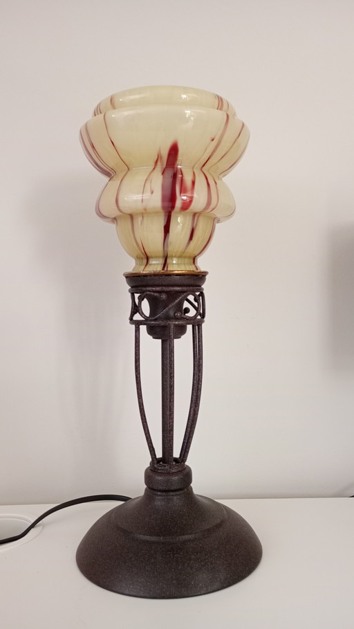 Lampe de table vintage italienne - style Art Déco - abat-jour en verre soufflé à la bouche