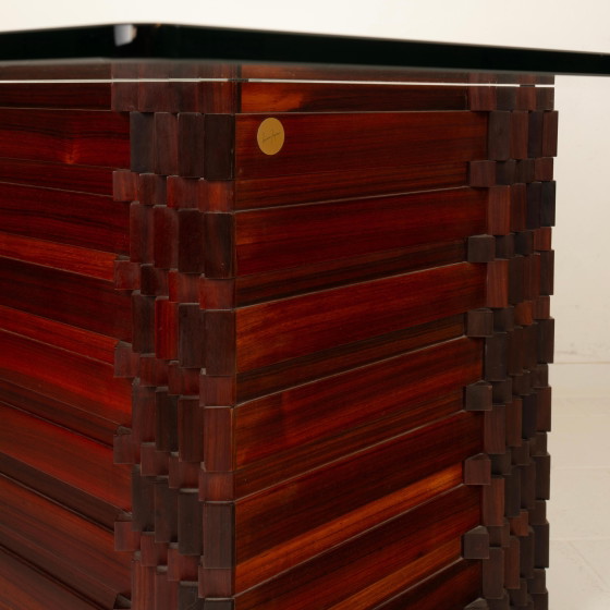 Table "Diamante" en padouk africain de style brutaliste par Luciano Frigerio avec plateau en verre, 1970 (photo 23 of 26)