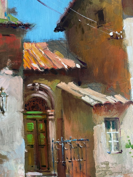 Image 1 of Original Oil Painting Summer Street Landscape Old house in the city