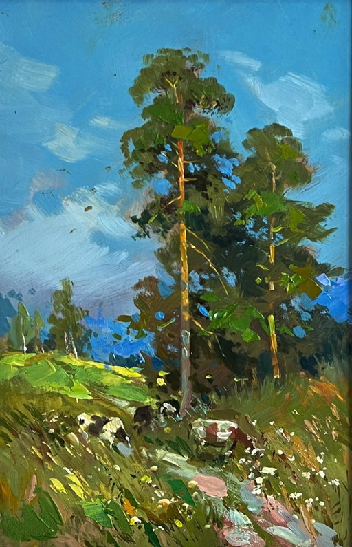 Peinture à l'huile originale, paysage d'été, vaches se promenant dans la nature