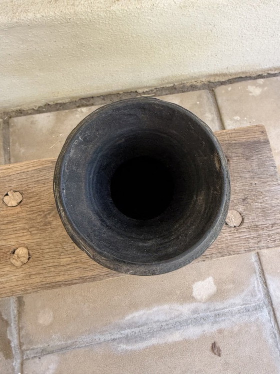 Image 1 of Set of 3 Nepalese Indian pots, carved black wood, tribal & wabi-sabi style