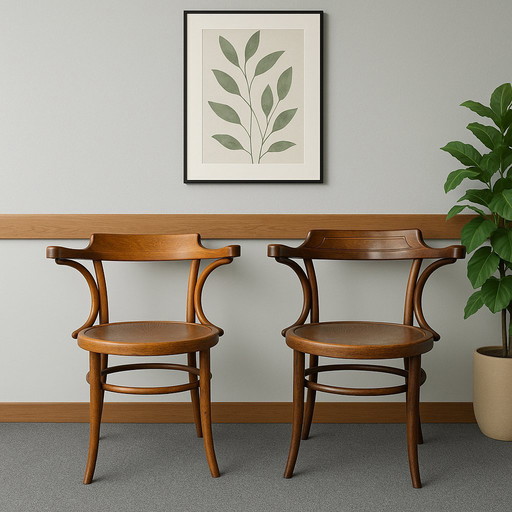 Original pair of vintage bentwood armchairs – Thonet (Bieletz-Mistelbach, ca. 1920) & Fischel (Czechoslovakia, ca. 1950)