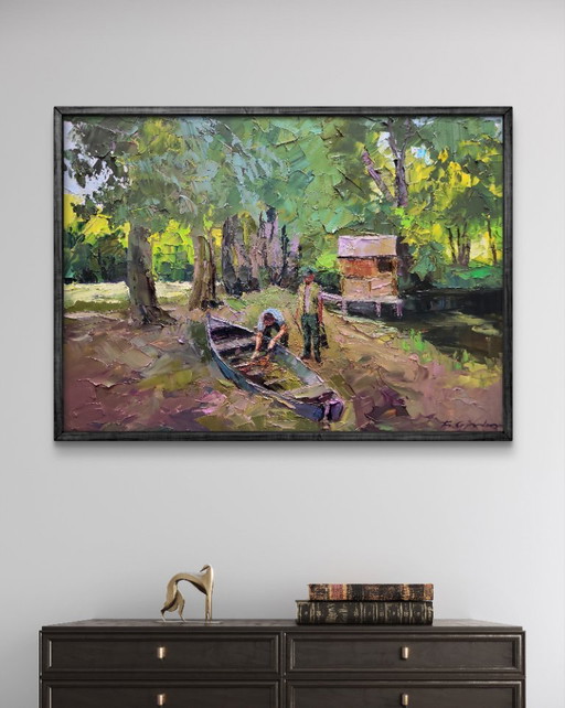 Origineel olieverfschilderij: Landelijk landschap, natuur, een boot nabij de kust