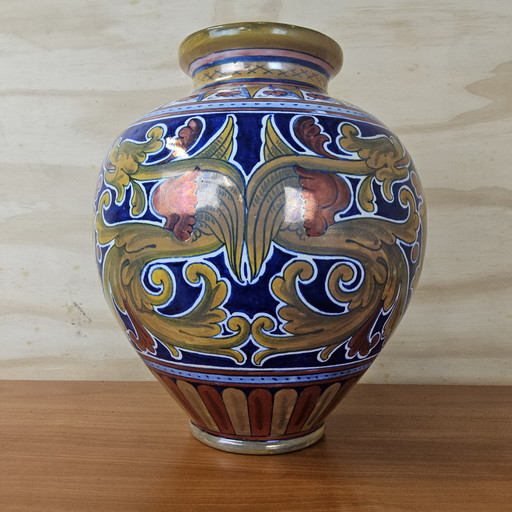 Vaso italiano vintage in maiolica con leone rampante (altezza 27 cm), vaso colorato (fatto a mano)