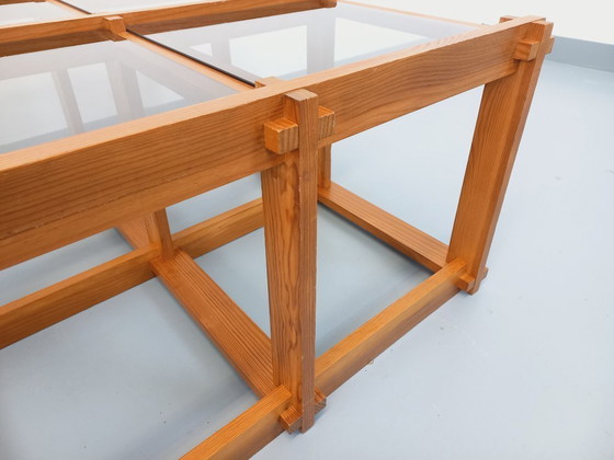 Image 1 of Vintage square coffee table in pine and smoked glass from the 70s/80s
