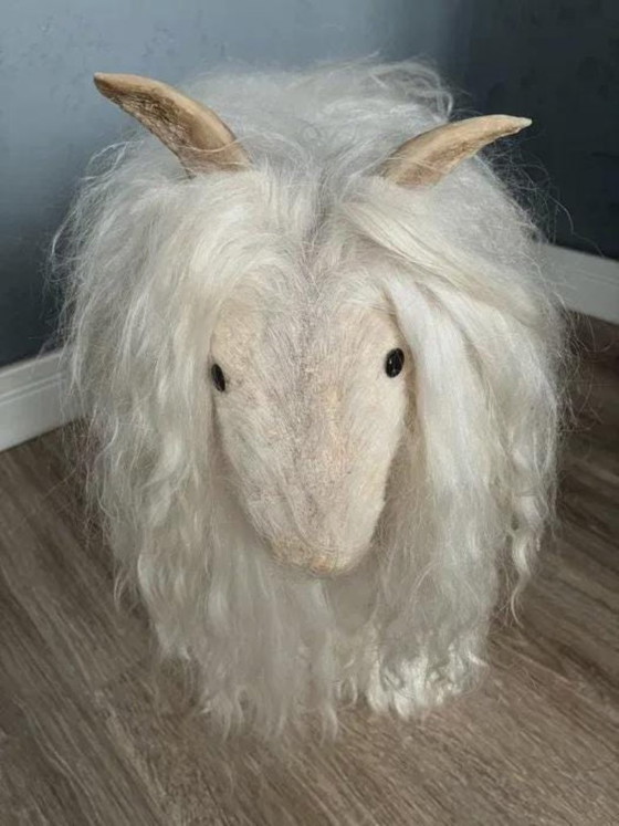 Handcrafted Goat Sculpture, Carved Wood and Natural Wool, Mid-20th Century, White, Rustic (photo 2 of 6)