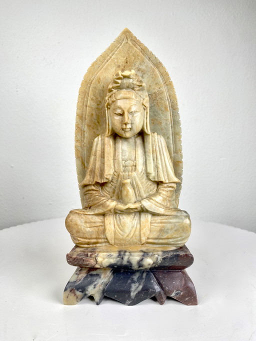 Vintage Sitting Buddha Sculpture / Beige Stone Buddha Figure - Bohemian Style Spiritual Home Decoration
