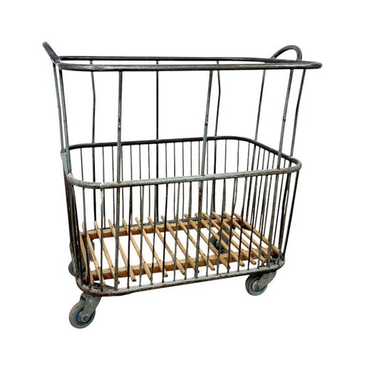 Vintage French metal baker's cart – industrial bread trolley – laundry basket