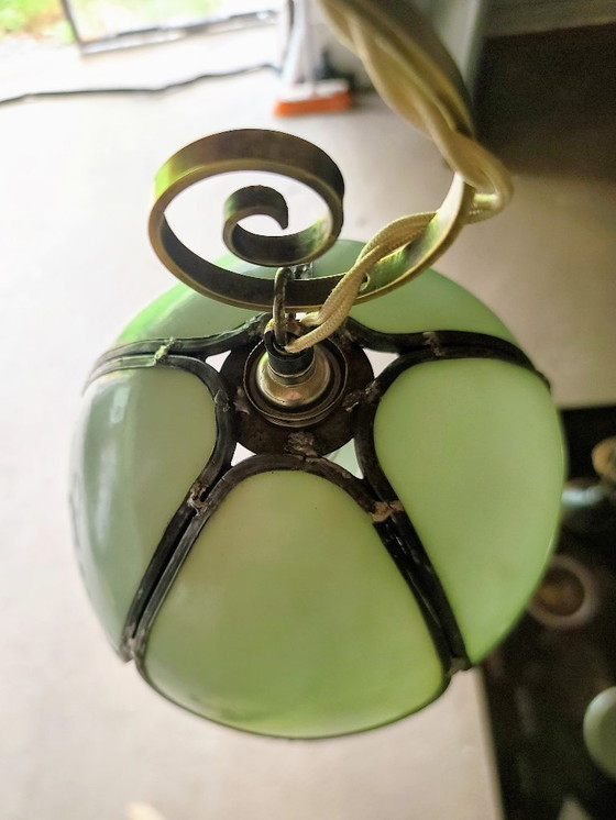 Image 1 of Lampada a sospensione floreale blu/verde in pâte de verre art nouveau