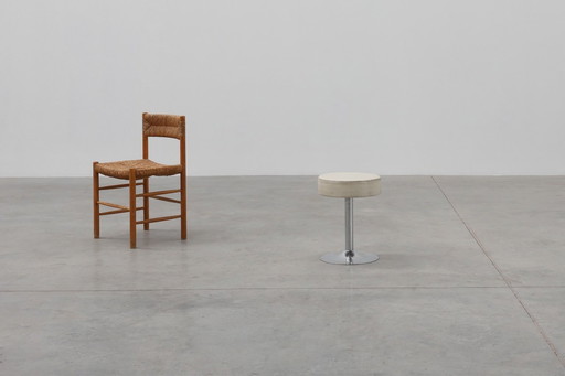 Vintage Mid-Century Design Stool in Chrome with White Leather Seat, 1970s