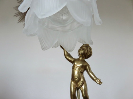Image 1 of coppia di lampade art nouveau "cherubini" in bronzo e vetro satinato