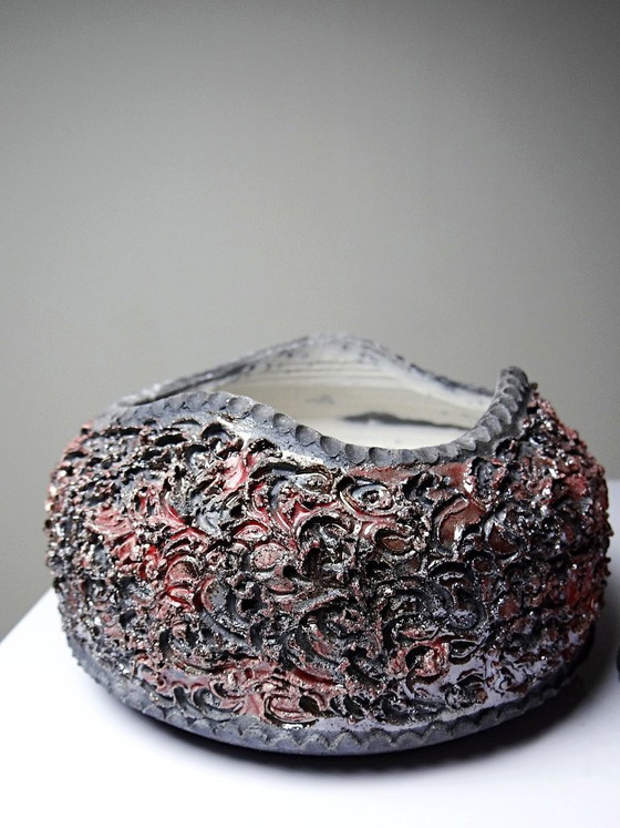 Image 1 of Vintage 2000s handcrafted raku jewelry box in red and grey