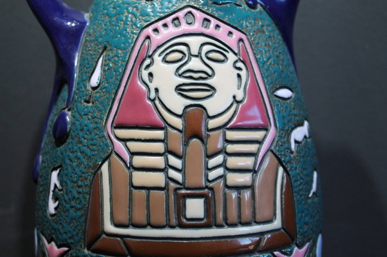 Image 1 of Czechsolovakian Art Deco Egyptian revival ceramic pitcher. 