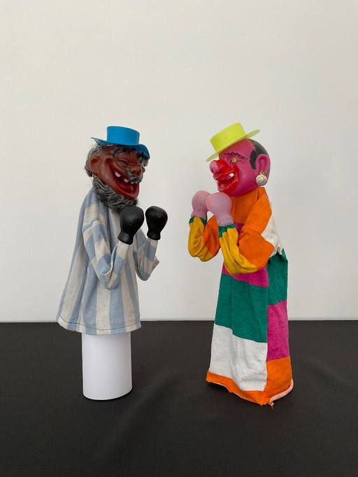 Pair of Vintage Boxing Hand Puppets Asian Man and Clown