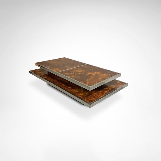 Image 1 of Schuifbare salontafel met twee niveaus van wortelhout en metaal, met geïntegreerde bar, Frankrijk, jaren 80.