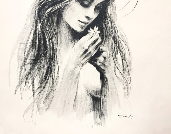 Image 1 of Monochrome Lithograph Drawing Nude Woman with Flower by Sandu Liberman 1971 Art