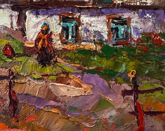 Image 1 of Original Oil Painting Rural Evening Landscape Pink Sunset Over The Village