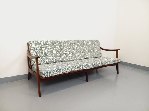 Banquette canapé 3 places scandinave vintage Arne Wahl Iversen pour Komfort en teck et tissu des années 60