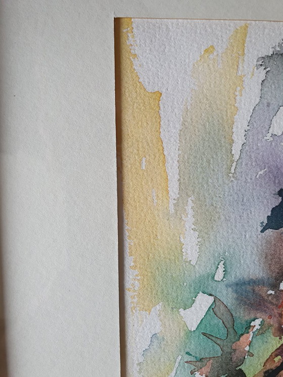 Original watercolor "Garden bench in flower garden" (1991) – signed Kim – professionally framed (photo 3 of 5)